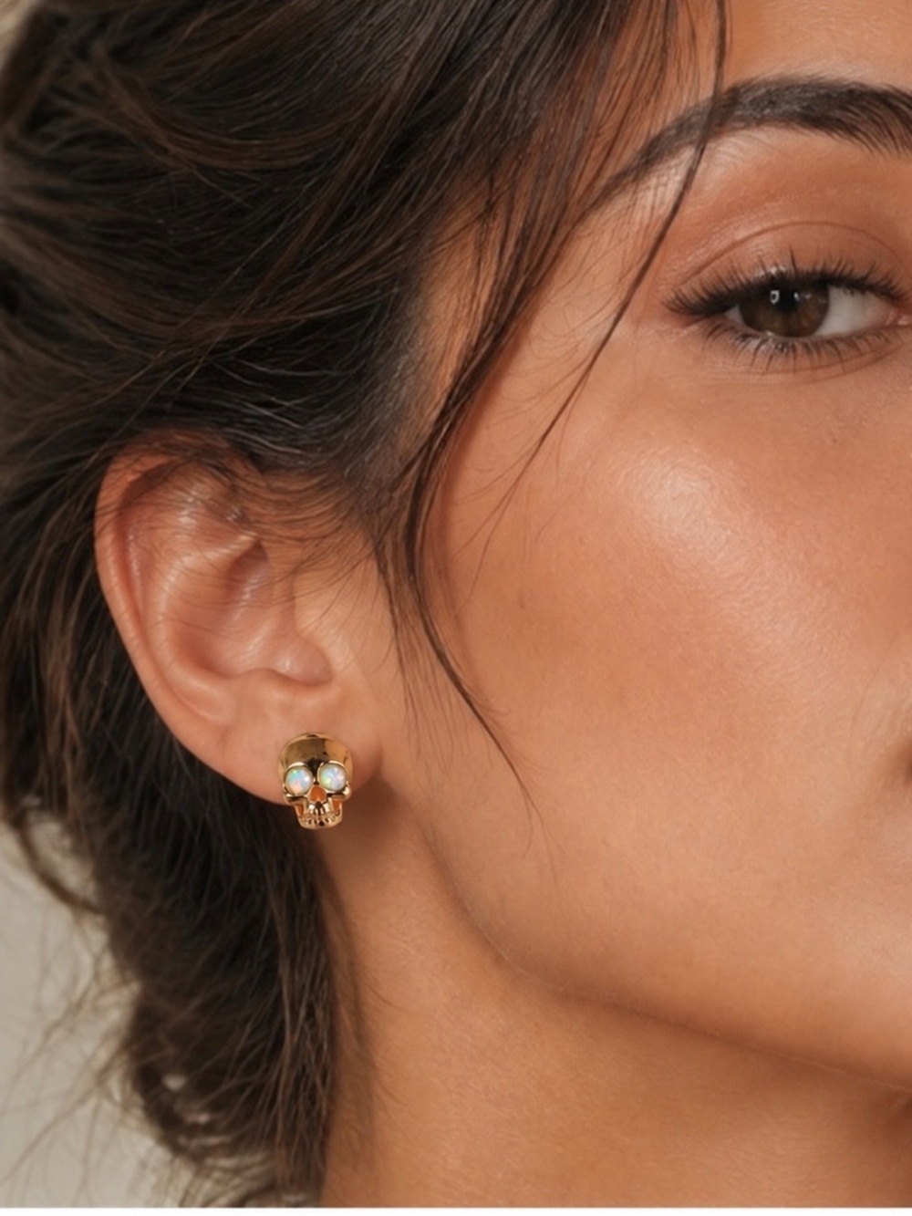 Gold Skull Stud Earrings with Iridescent Pearl Eyes - Women Jewelry